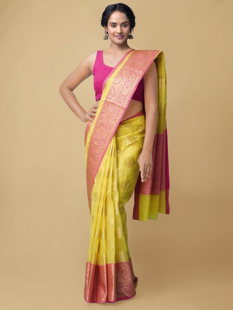 

Unnati Silks Yellow & Pink Ethnic Motifs Zari Silk Cotton Kota Saree