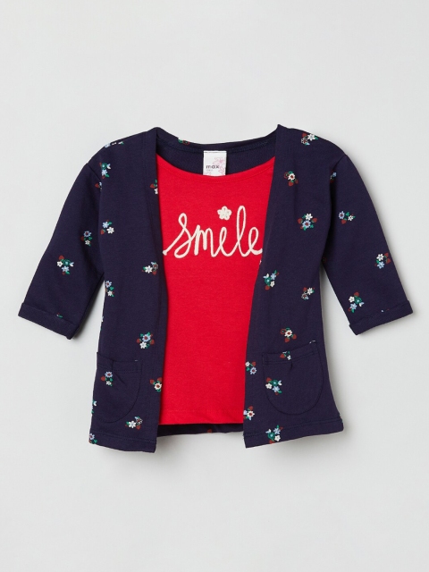 

max Girls Blue & Red Floral Printed T-shirt