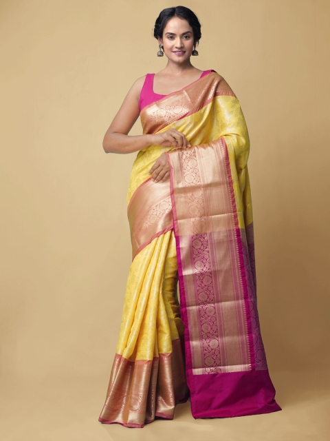 

Unnati Silks Yellow & Gold-Toned Woven Design Zari Silk Cotton Kanjeevaram Saree