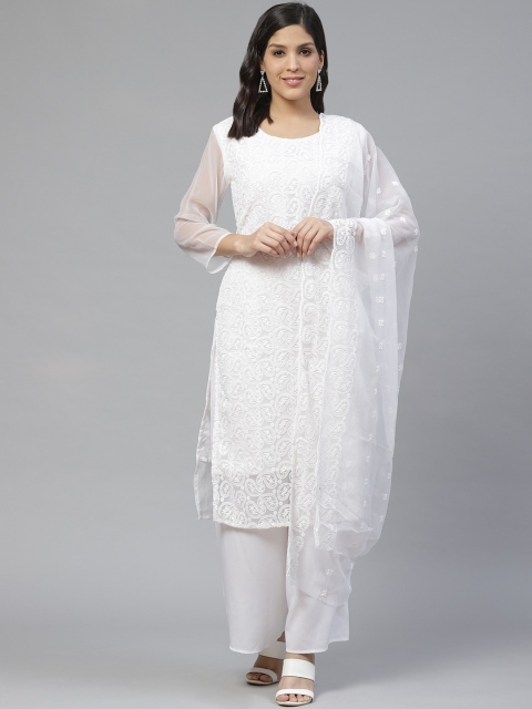 

Ishin Women White Floral Embroidered High Slit Kurti with Palazzos & With Dupatta