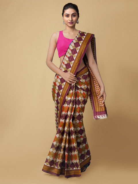 

Unnati Silks White & Burgundy Pure Cotton Saree