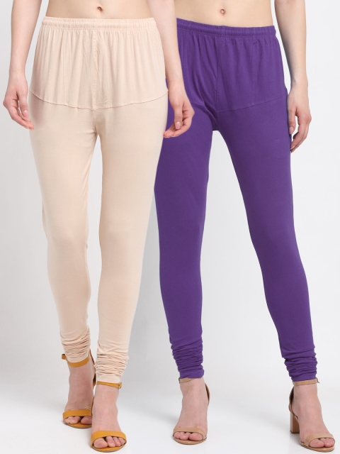 

KLOTTHE Women Pack Of 2 Solid Cotton Churidar-Length Leggings, Purple