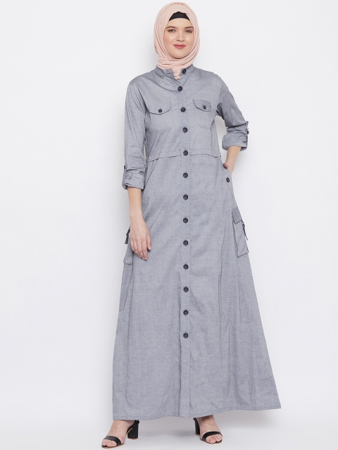 

MOMIN LIBAS Women Grey Front Open Abaya Burqa