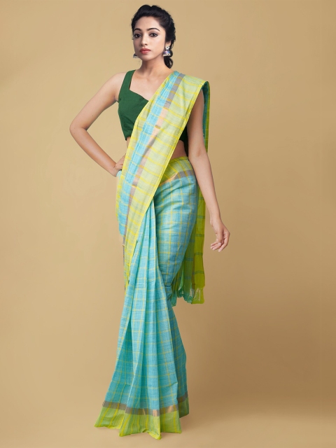 

Unnati Silks Blue & Lime Green Checked Zari Pure Cotton Mangalagiri Handloom Saree