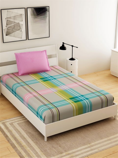 

Salona Bichona Green & Pink Striped 144 TC Single Bedsheet with 1 Pillow Covers