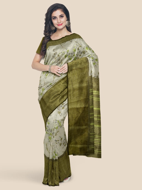 

Kalamandir Cream-Coloured & Green Floral Zari Linen Blend Saree
