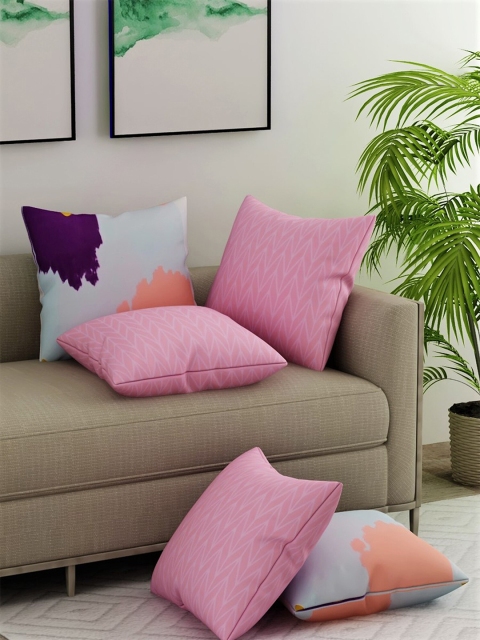 

Salona Bichona Pink & White Set of 5 Abstract Square Cushion Covers