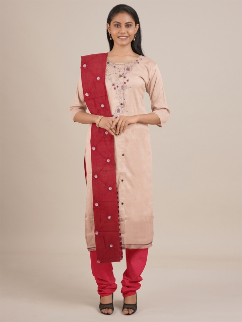 

Pothys Peach-Coloured & Red Embellished Unstitched Dress Material