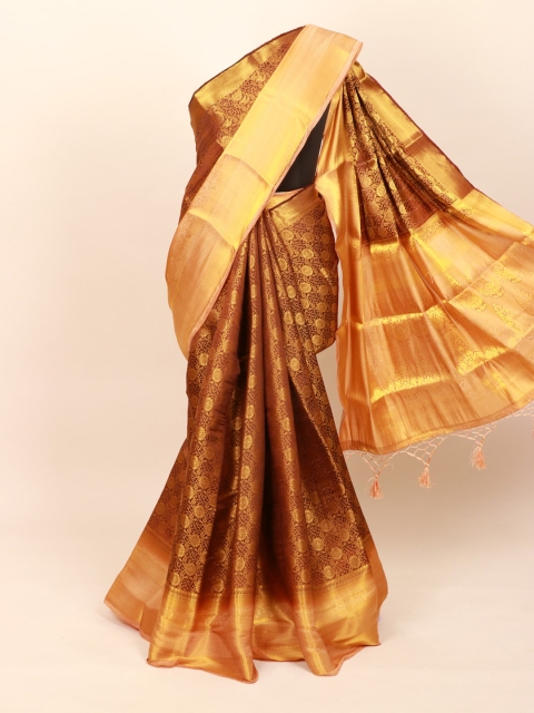 

Pothys Brown & Gold-Toned Ethnic Motifs Zari Art Silk Banarasi Saree