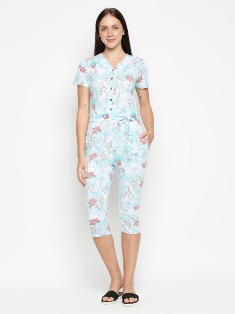 

XIN White & Turquoise Blue Printed Capri Jumpsuit