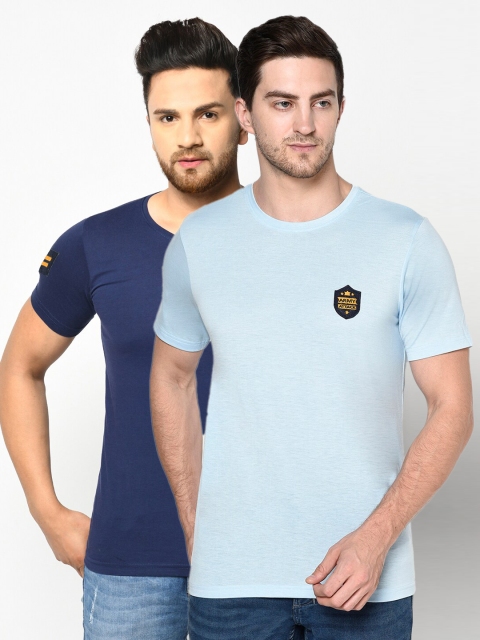 

ELEGANCE Men Pack Of 2 Solid Cotton T-shirt, Blue