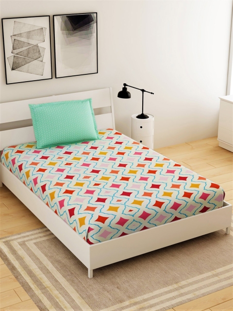 

Salona Bichona Cream-Coloured & Blue 144 TC Single Bedsheet with 1 Pillow Covers