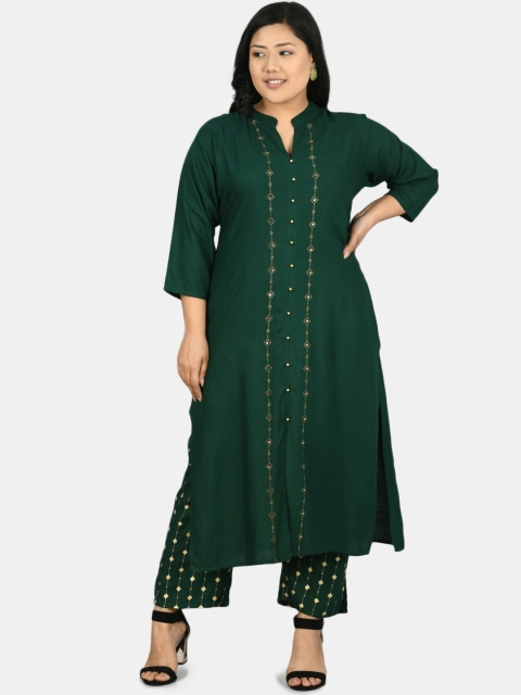 

PrettyPlus by Desinoor.com Women Bottle Green Panelled Kurta with Trousers