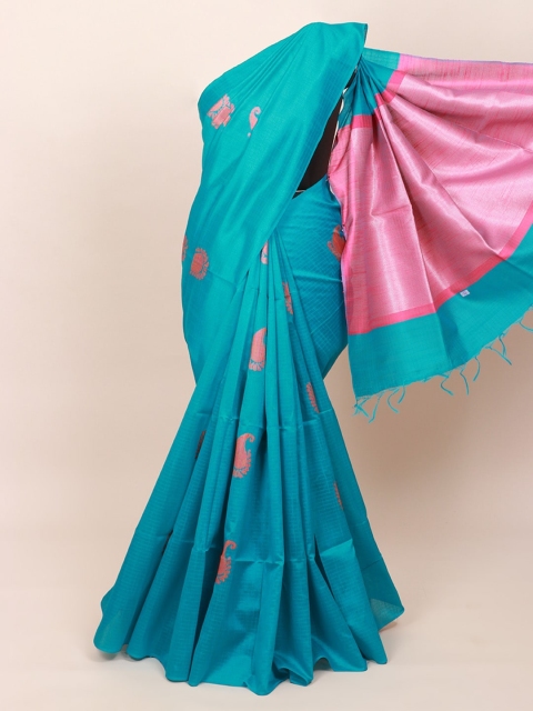 

Pothys Blue & Pink Paisley Jute Silk Saree