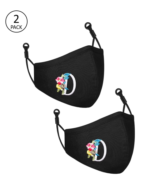 

CENWELL Unisex Pack Of 2 Black Embroidered 6-Ply Pure Cotton Reusable Cloth Masks