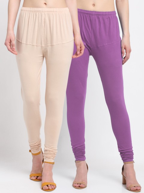 

KLOTTHE Women Pack Of 2 Lavender-Coloured & Beige Solid Churidar-Length Cotton Leggings