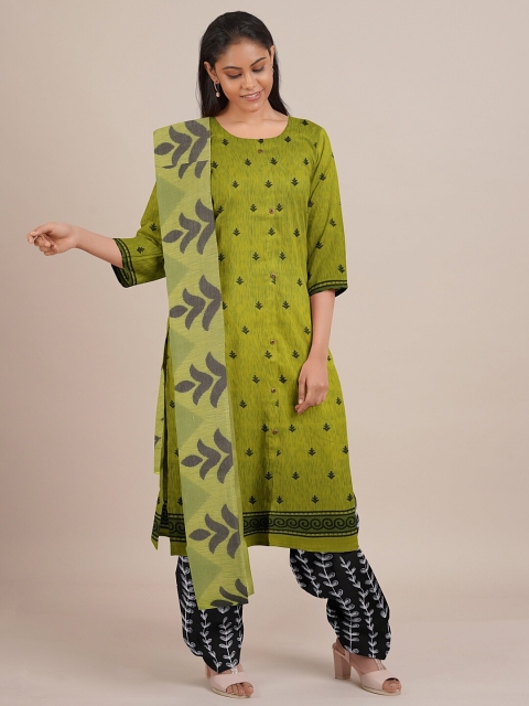 

Pothys Green & Black Printed Unstitched Dress Material