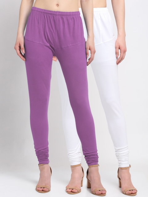 

KLOTTHE Women Pack Of 2 Purple & White Solid Churidar-Length Cotton Leggings