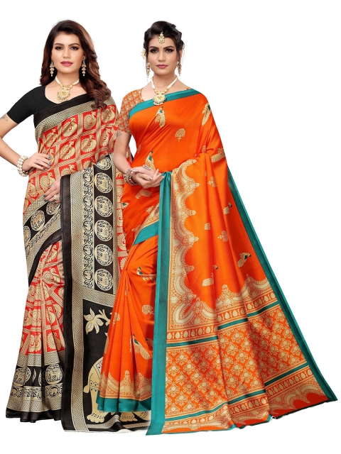 

KALINI Pack of 2 Red & Orange Ethnic Motifs Art Silk Saree