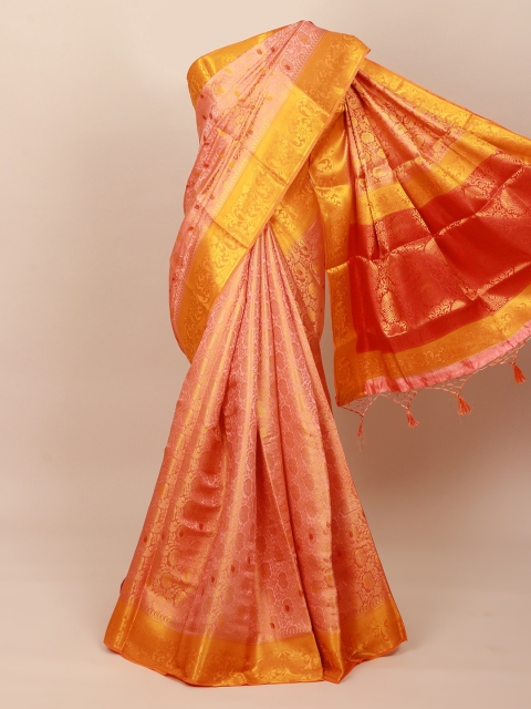 

Pothys Peach-Coloured & Yellow Floral Art Silk Banarasi Saree