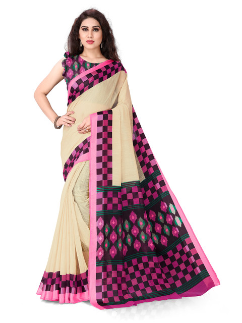 

KALINI Cream-Coloured & Pink Cotton Blend Saree