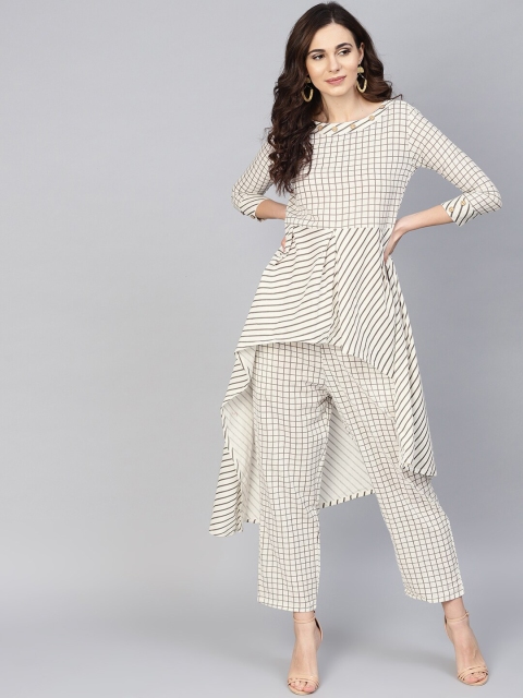 

Ishin Women Off White Striped Pure Cotton Kurti with Trousers