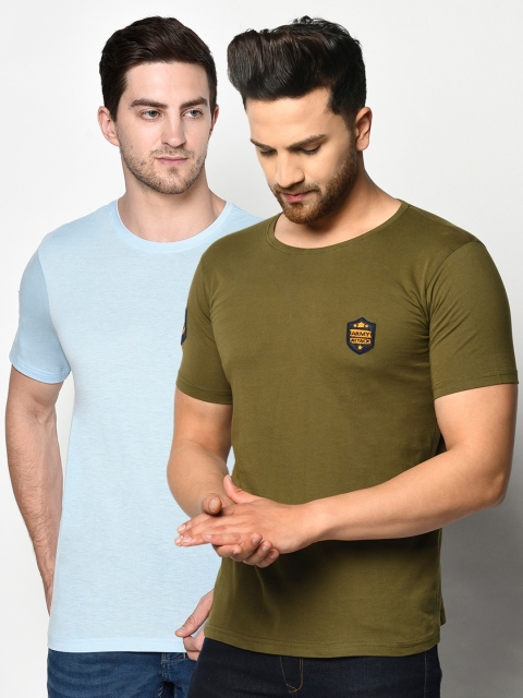 

ELEGANCE Men Set of 2 Turquoise Blue & Olive Green T-shirt