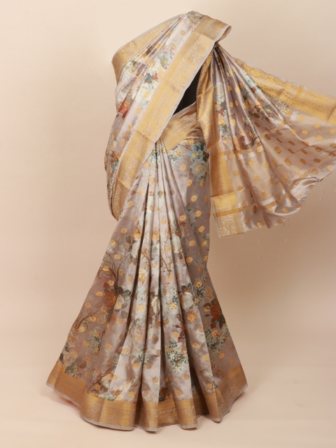 

Pothys Grey & Gold-Toned Floral Zari Art Silk Saree