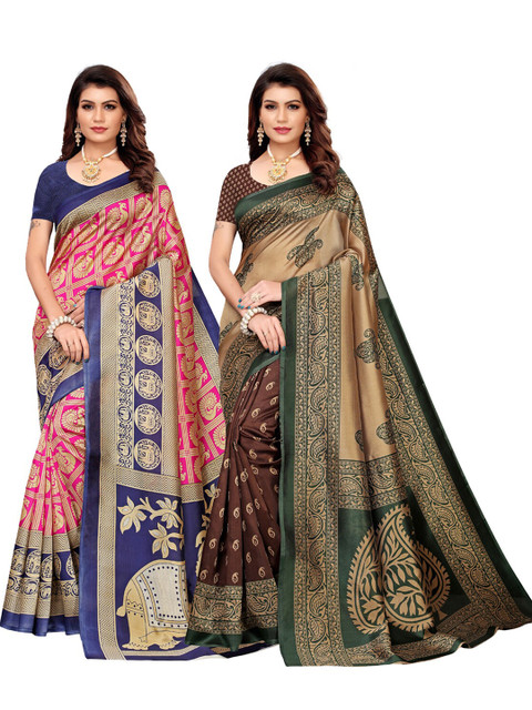 

KALINI Blue & Brown Floral Pack of 2 Art Silk Saree