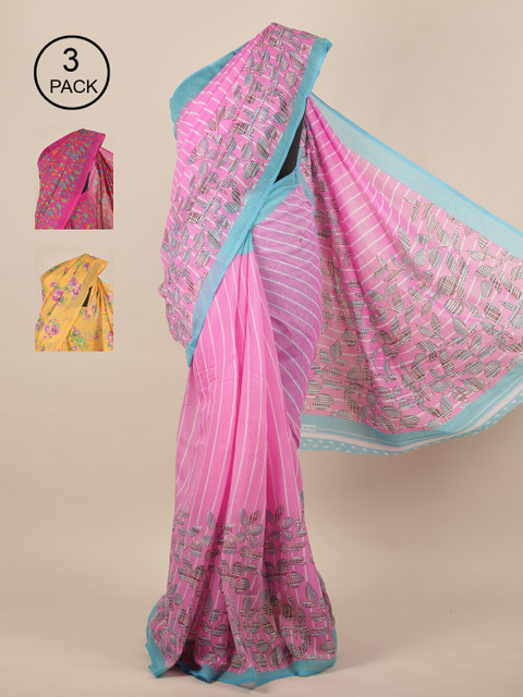 

Pothys Pink & Peach Pack of 3 Floral Printed Saree
