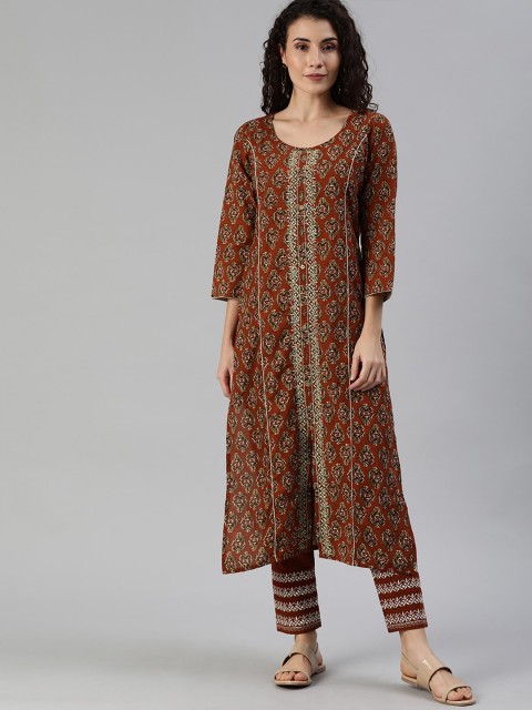 

Ishin Women Brown Ethnic Motifs Printed Panelled Pure Cotton Kurti with Trousers