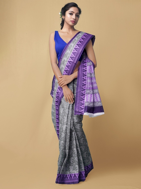 

Unnati Silks Women Grey & Purple Pure Krisha Summer Cotton Sustainable Saree