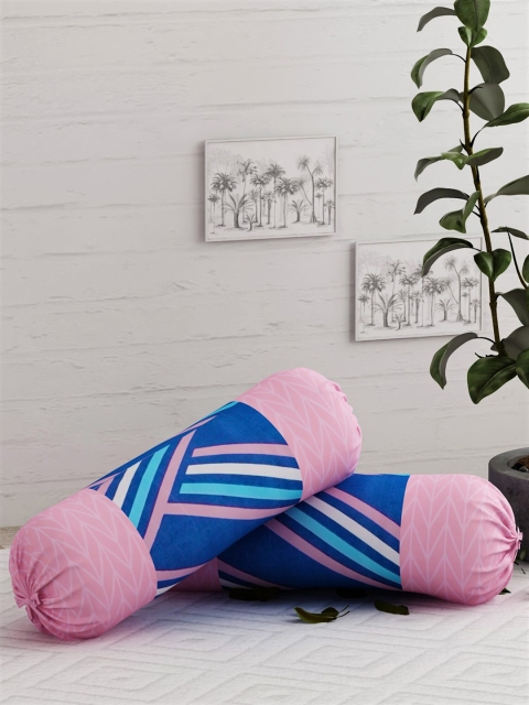 

Salona Bichona Set Of 2 Pink & Blue Striped 144 TC Pure Cotton Bolster Covers