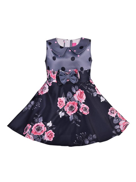 

Wish Karo Girls Pink & Black Floral Printed Peter Pan Collar Satin Silk Dress