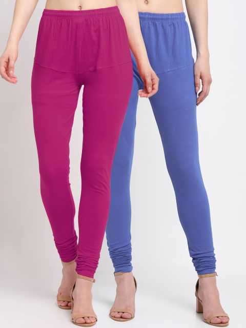 

KLOTTHE Women Pack Of 2 Blue & Magenta Pink Solid Churidar-Length Cotton Leggings