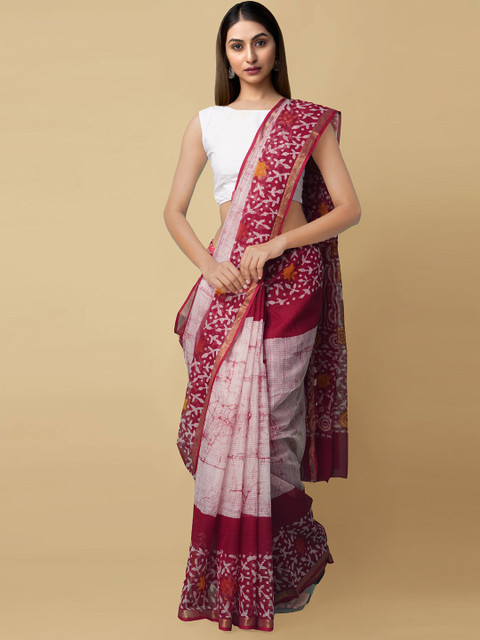 

Unnati Silks Cream-Coloured & Maroon Batik Zari Pure Cotton Kota Saree