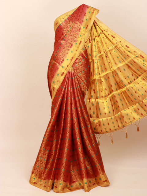 

Pothys Maroon & Yellow Floral Zari Art Silk Banarasi Saree