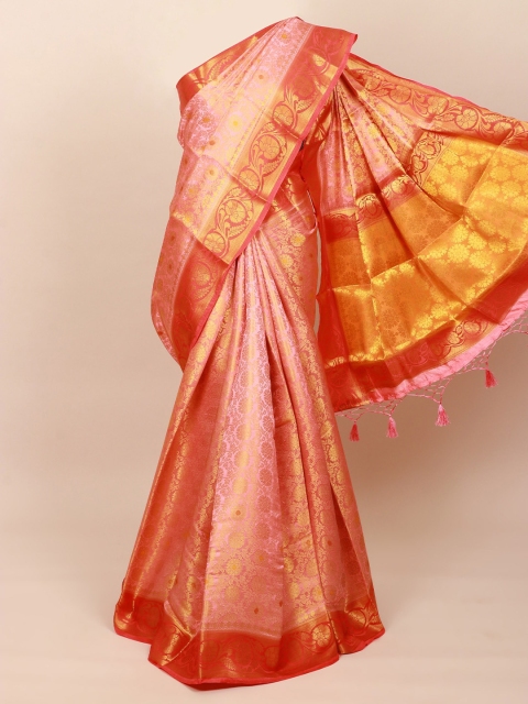 

Pothys Peach-Coloured & Yellow Ethnic Motifs Zari Art Silk Banarasi Saree