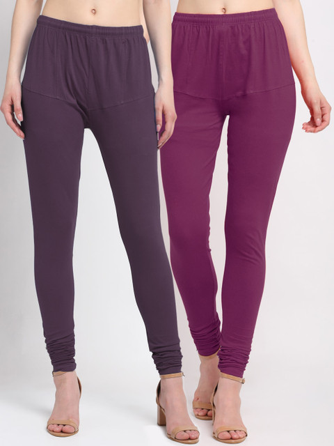 

KLOTTHE Women Pack Of 2 Solid Cotton Churidar-Length Leggings, Purple