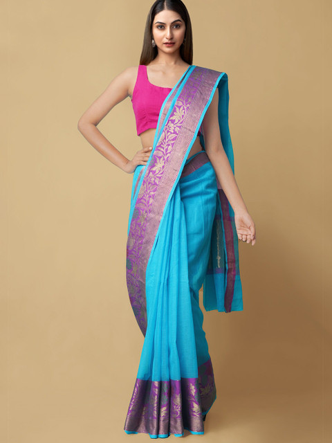 

Unnati Silks Blue & Violet Woven Design Zari Silk Blend Kota Saree