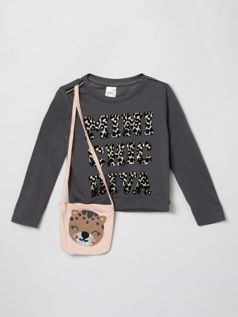 

max Girls Grey Typography Printed T-shirt with Sling Bag