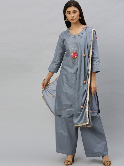 

Ishin Women Grey Embroidered Kurti with Palazzos & With Dupatta