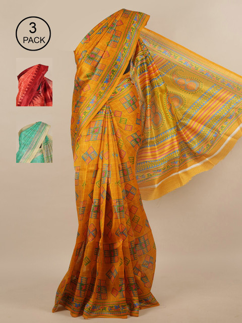 

Pothys Mustard & Peach-Coloured Set of 3 Jute Silk Saree