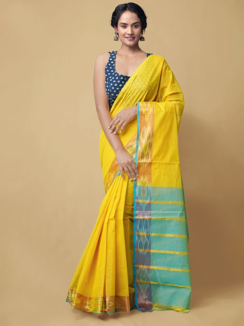 

Unnati Silks Yellow & Camel Brown Pure Cotton Mangalagiri Saree