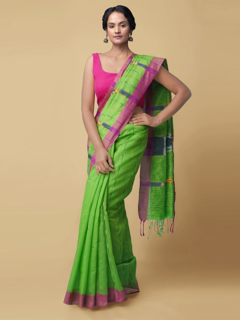 

Unnati Silks Green & Pink Striped Pure Cotton Leheriya Handloom Saree
