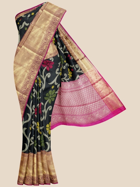 KLM Fashion Mall Black & Green Floral Silk Blend Banarasi Saree