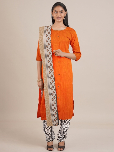 

Pothys Orange & White Printed Unstitched Dress Material
