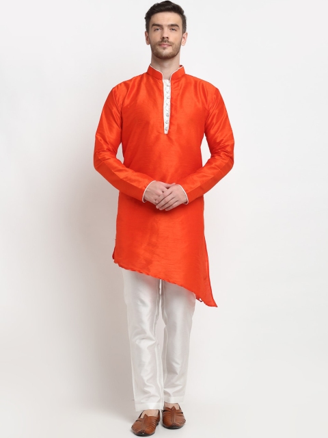 

Benstoke Men Orange & Off White Woven Design Dupion Silk Kurta with Payjamas