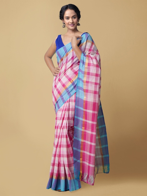 

Unnati Silks Pink & Purple Checked Zari Pure Cotton Mangalagiri Handloom Saree