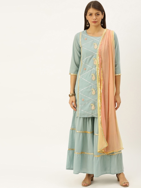 

Ishin Women Sea Green Floral Embroidered Tiered Kurti with Sharara & With Dupatta